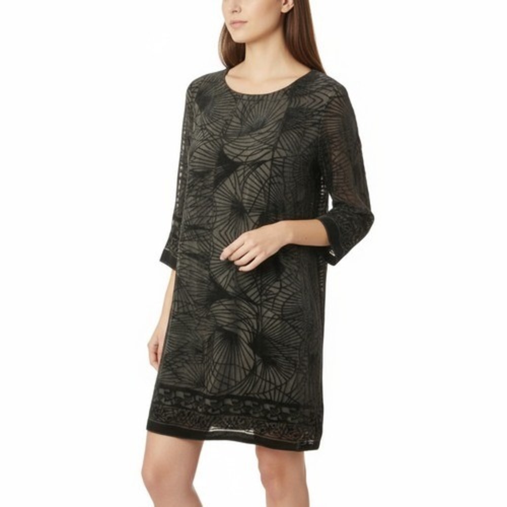 MSSP Burnout Velvet Shift Dress Women S Grey Black Abstract Geometric 3/4 Sleeve